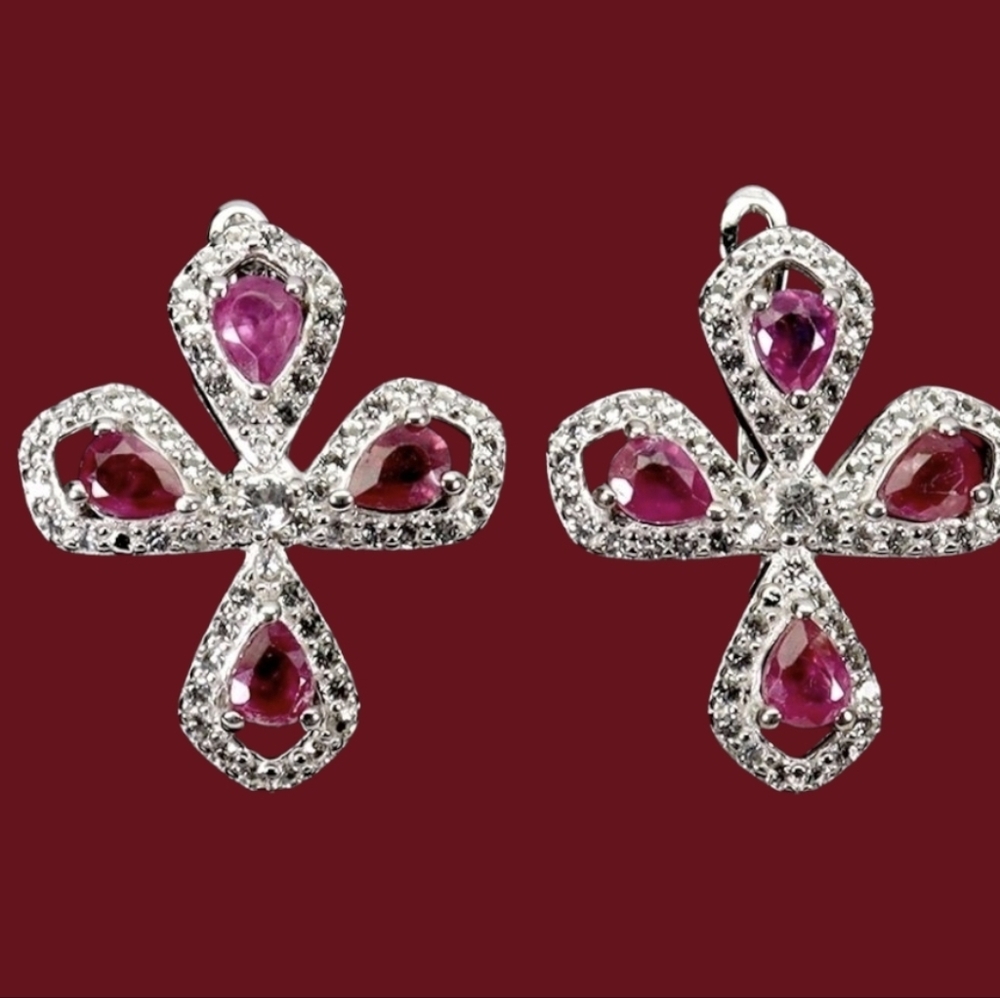 925 Sterling Silver Earrings with Natural Ruby 4x3mm & White Topaz Gems